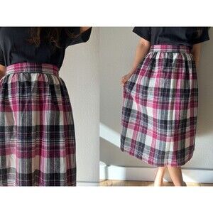 vtg‎ 80s citysquare wool plaid school skirt pink black white midi small retro